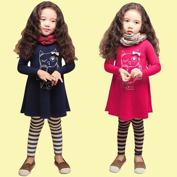 

girls owl printed dresses 2 colors full sleeve fashion cartoon kids clothing kids designer clothes girls jy13, Red;yellow