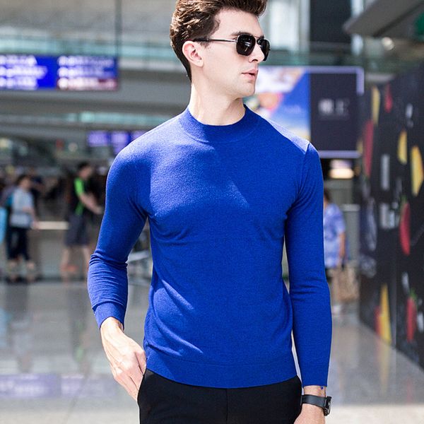 

mrmt 2019 brand autumn men's semi-high collar knitted sweater thin pure color middle collar for male pullover woolen sweater, White;black