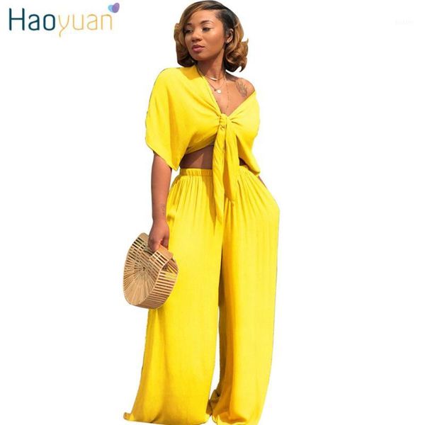 

haoyuan two piece set women clothes v neck bow tie crop loose wide leg pant suit summer outfit 2 piece casual tracksuit1, White
