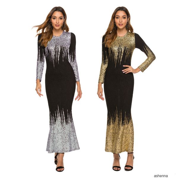 

womens designer gilded print slim long sleeve dress669u r5s6, Black;gray