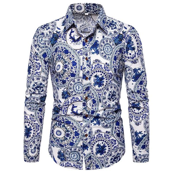 

men shirt camisa summer hawaiian printing long sleeve men's shirt turn-down collar male blouse streetwear camisa masculina, White;black