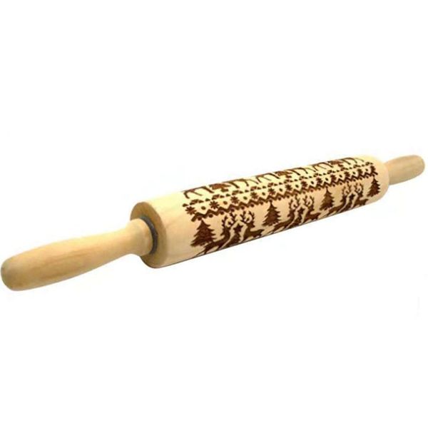 

christmas elk printed rolling pin beech wood engraved embossed rolling pin cookie noodle stick