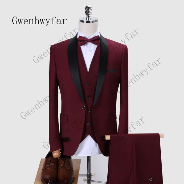 Gwenhwyfar Herrenanzug 2019 Hochzeitsanzüge für Männer Schalkragen 3-teilig Slim Fit Burgunderroter Anzug Dunkelgraue Herren-Smokingjacke 325Q