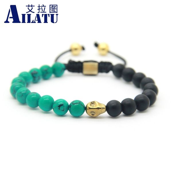 

ailatu men gift 8mm matte onyx stone beads hematite skull macrame bracelet, Golden;silver