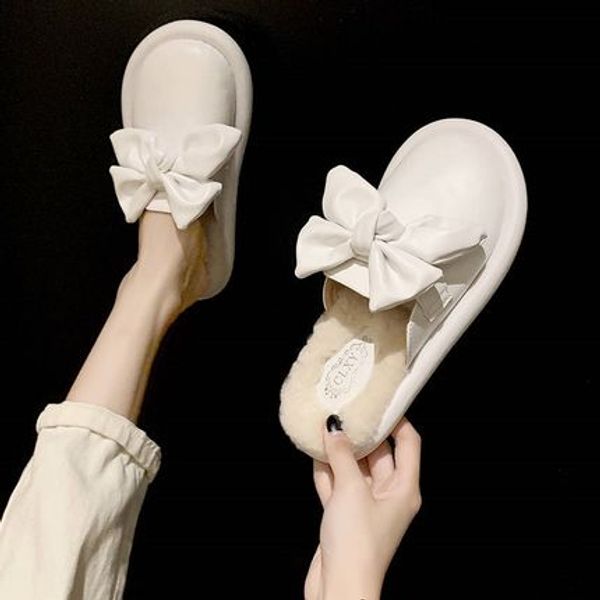 

2020 plus size plush slippers women wear autumn and winter baotou bowknot tide shoes fashion sweet flat slippers, Black