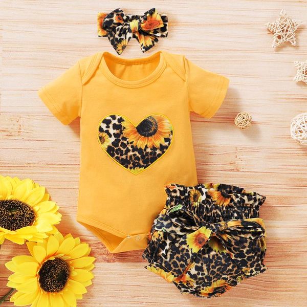 

pudcoco newborn baby girl clothes short sleeve sunflower leopard print romper short pants headband 3pcs outfits sunsuit, White