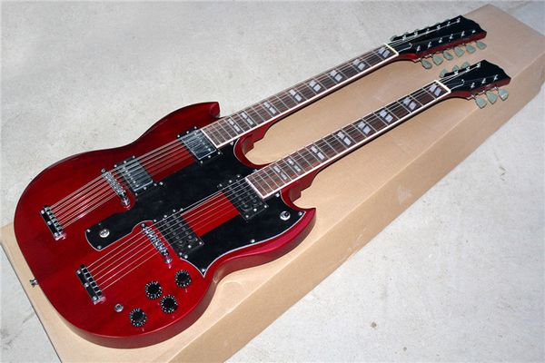 

Двойная шея красного корпус 6 + 12 Струна гитара электрической с черной накладкой, фиксированным мостом, палисандровой накладкой, может быть настроена