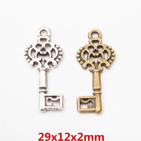 

50pcs 29*12mm vintage silver decorative key charms antique bronze metal alloy key pendants for bracelet earring diy jewelry, Bronze;silver