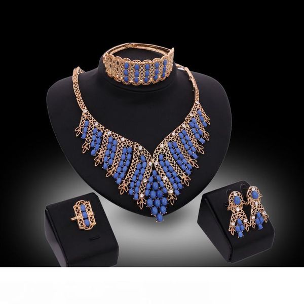 

ювелирные наборы 2016 роскошный королевский стиль синий бисер свадебные ювелирные наборы 18k позолоченные партии ювелирных изделий 4-х часте, Slivery;golden
