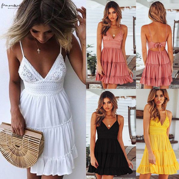 

v neck mini dress women bodycon lace spaghetti strap female summer backless bow casual beach party dresses, Black;gray
