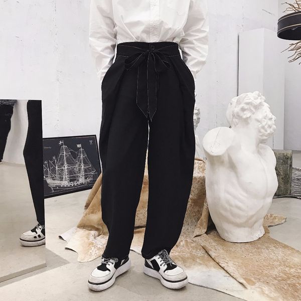 

27-46 2019 new men's clothing hair stylist butterfly belt decoration straight casual wide leg pants trousers plus size costumes, Black