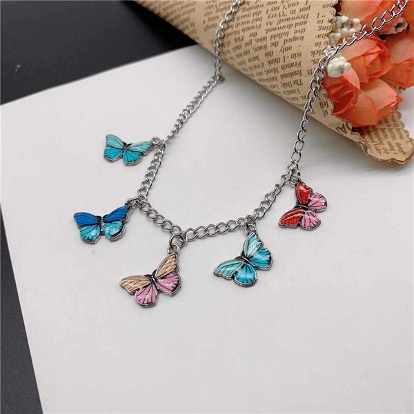 

vintage egirl cute rainbow colour butterfly choker short chain pendant necklace for women statement fashion charm party jewelry, Silver