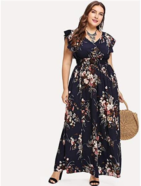 

dresses plus size floral print v-neck casual dress summer women designer short sleeve high waist maxi, Black;gray