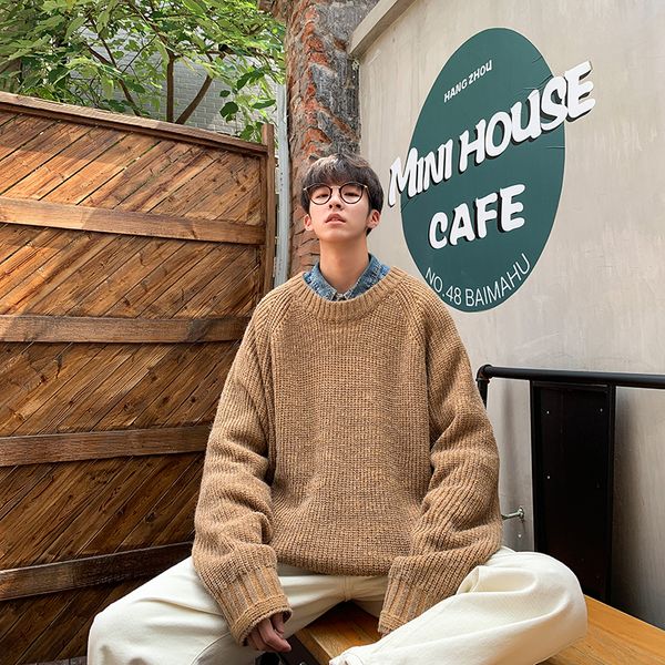 

2019 autumn and winter new men's solid color fashion casual sweater hong style model loose shirt pullover khaki gray / dark gray, White;black