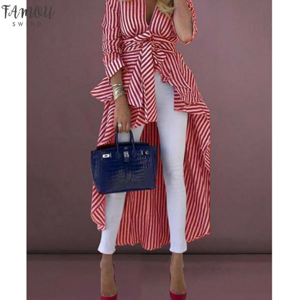

2020 fashion new womens striped long tail shirts long sleeve bowknow lace up blouse ladies ol work button shirt bow, White