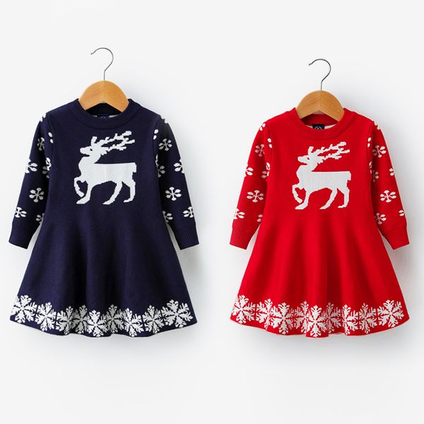 

kids dresses for girls long sleeve deer snowflake print dress new year costume princess dress kids christmas clothes vestidos, Blue
