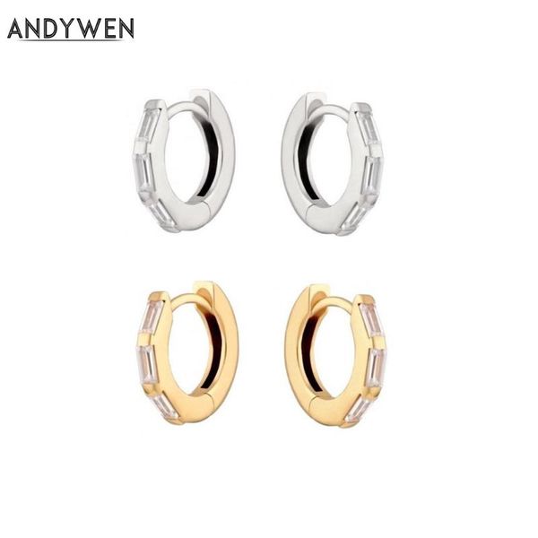 

andywen 925 sterling silver mini huggies small hoops ring circle round women luxury cz pave clear earrings rainbow jewelry, Golden;silver