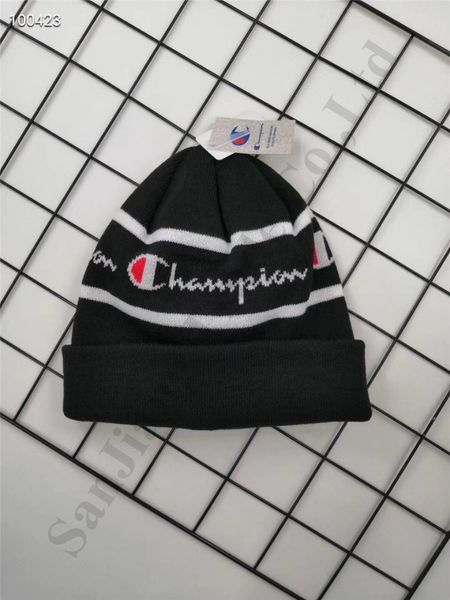 

champion letter winter knit beanies women men crochet hats winter brand skull caps striped color match sport warm beanies hat headwear c9607, Yellow
