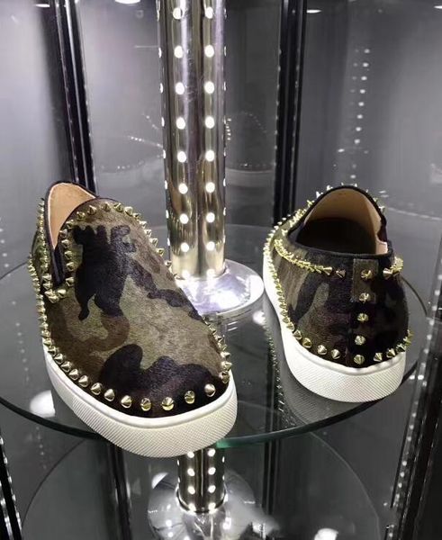 

army green horse hair + camo suede sneakers red bottom shoes sneaker rivets men casual flats shoes,real leather pik spikes slip on boats, Black