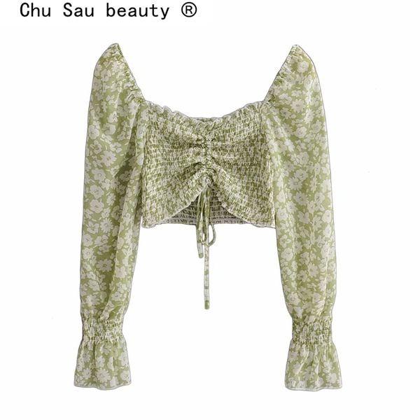 

chu sau beauty new 2019 fashion vintage floral print crop women pastoral style long sleeve short blouses camisa de moda, White