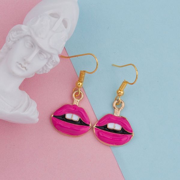 

doreenbeads makeup earrings gold color fuchsia lips enamel trendy fashion jewelry for women 37mm(1 4/8") x 17mm( 5/8"), 1 pair, Silver