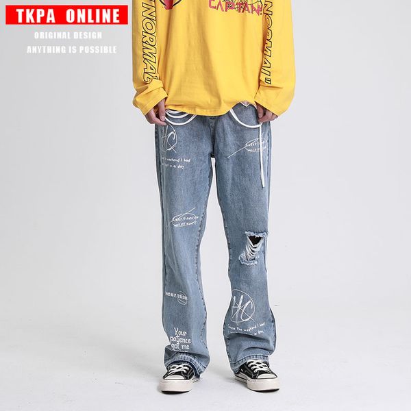 

original fashion brand hip hop straight tube loose old dad pants with holes and graffiti print jeans for men and women, Blue