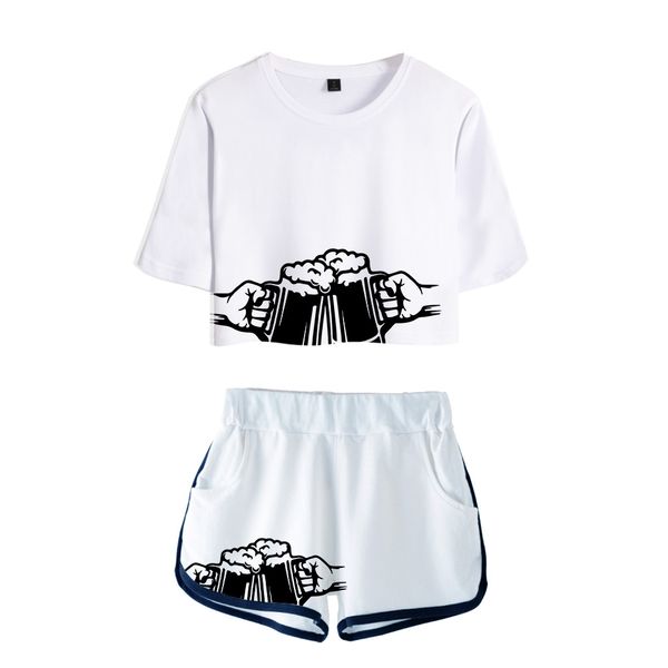 

beer printed women two piece set new game oversize navel short sleeve and beer short hip hop o-neck beersummer set, White