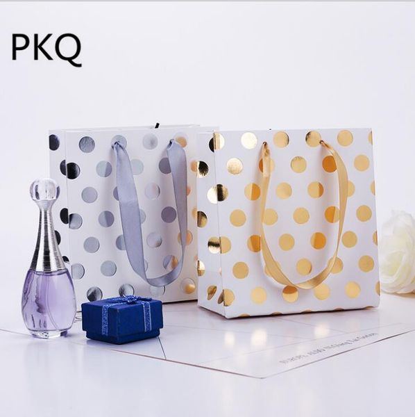 

10pcs 15*14*7cm gold/silver dot foil paper packaging bag high-end craft cardboard gift pouch for cosmetic clothing wrapping bag