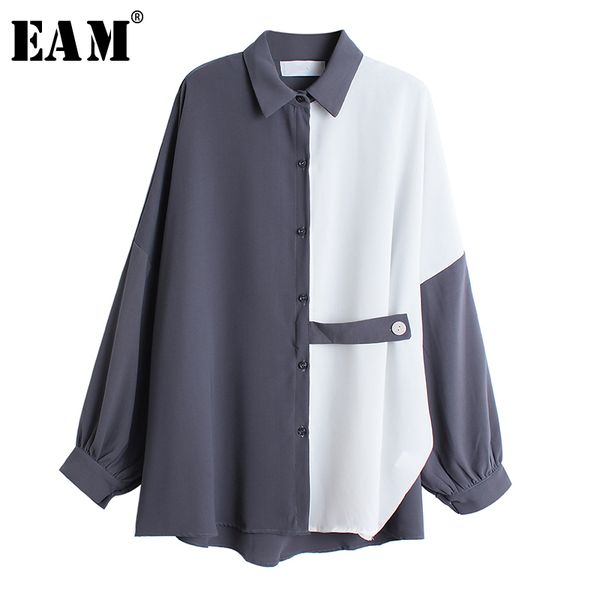 

eam] women spliced contrast color chiffon blouse new lapel long sleeve loose fit shirt fashion tide spring autumn 2020 1a755, White
