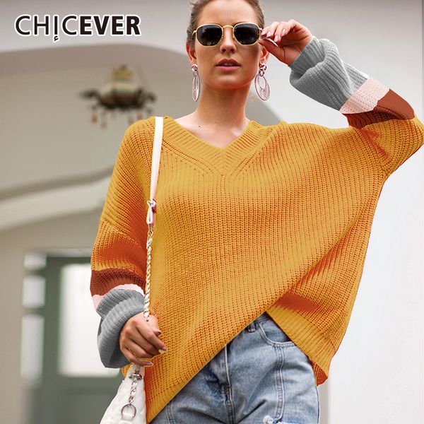 

chicever autumn loose sweater jumper women v neck batwing sleeve hit color knitting sweaters clothes female fashion new casual, White;black