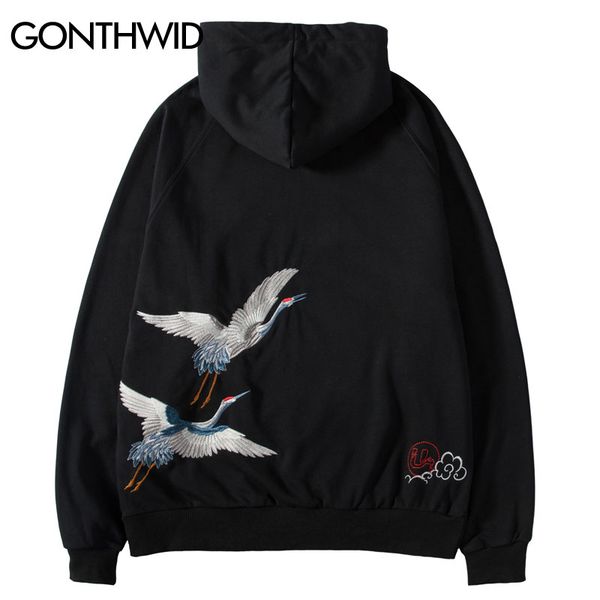 

gonthwid embroidery chinese characters cranes thin hoodies pullover hooded sweatshirts 2019 autumn harajuku casual streetwear, Black