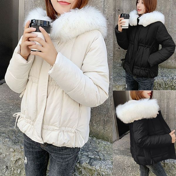 

2019 winter cotton casual fur warm hooded coat fashion women solid winter autumn faux hooded warm coat jacket overcoat outwear, Black