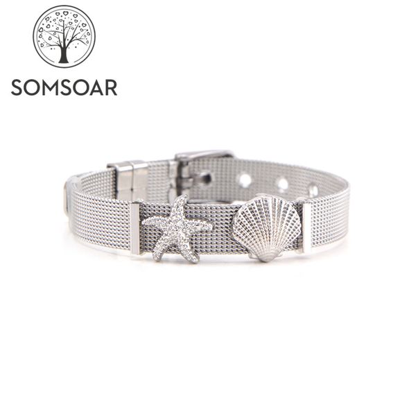 

dropshipping somsoar jewelry oceanholic set silver mesh bracelet with seashell & starfish slide charms as beach girl, Golden;silver