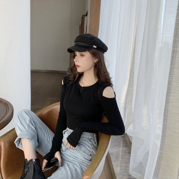 

autumn bare shoulder scheming long sleeve black t- base female autumn bare shoulder scheming long sleeve black t-shirt base shirt, White