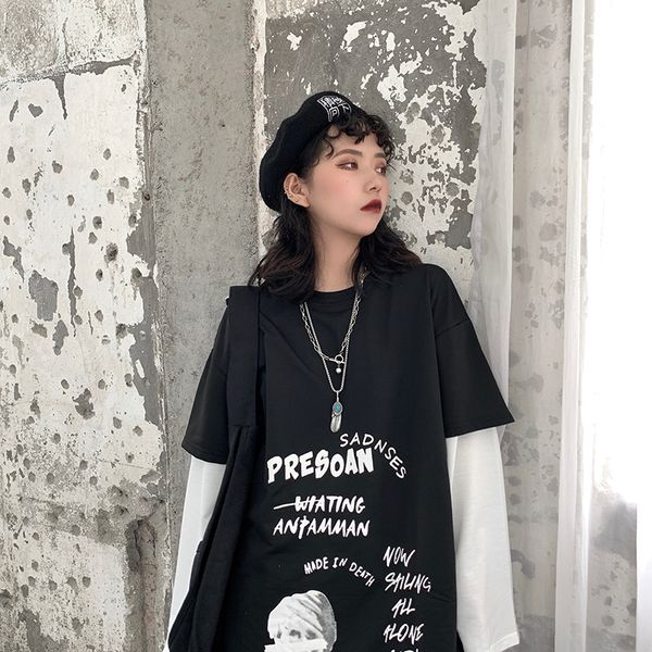 

black fake two long sleeve personality t-shirt new harajuku casual loose fashion letter print oversized hip hop o-neck clothing, White