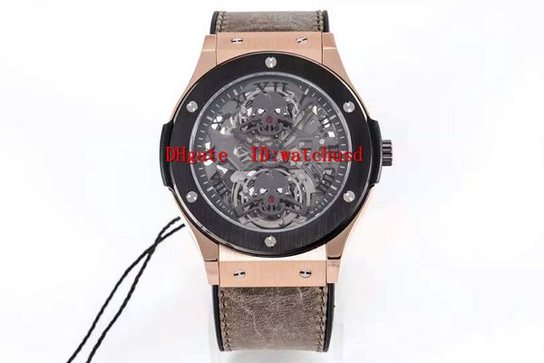 

45mm tourbillon casual watch 18k rose gold mens wristwatch see-through case back sapphire crystal waterproof automatic mechanical watch, Slivery;brown