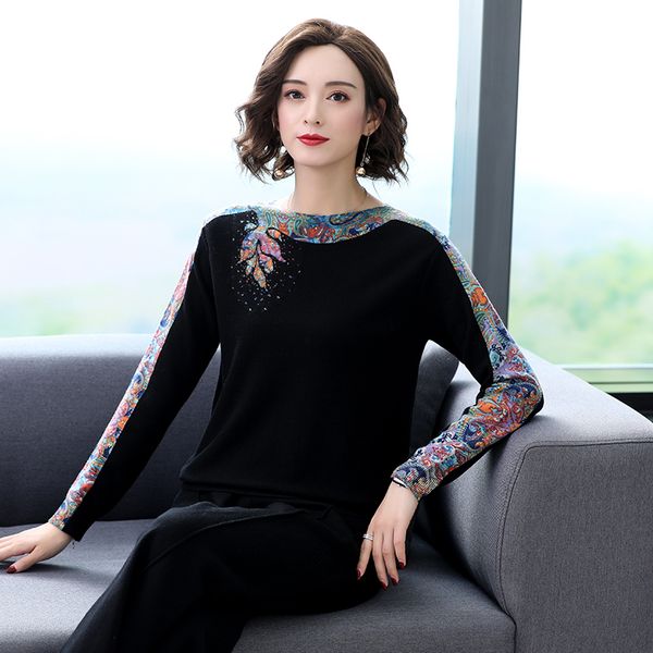 

women knitted flowers printed pullover sweaters 2019 autumn winter fashion floral slash neck lady long sleeve sweater, White;black