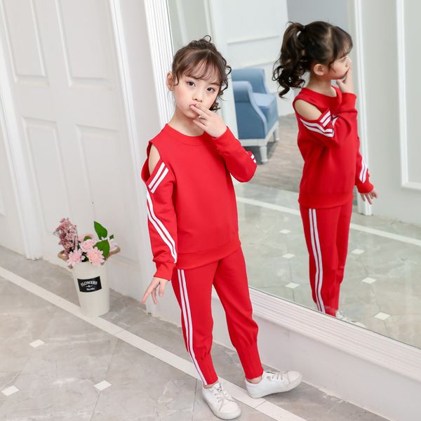 

autumn teenage girls clothing set 9 10 11 12 years pretty long sleeve t shirt + stripe cotton pant children sport suit for girls, White