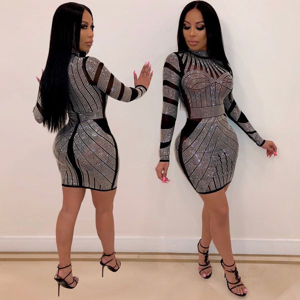

women new style night club fashionable set fix auger round collar european and american wind dresses, Black;gray