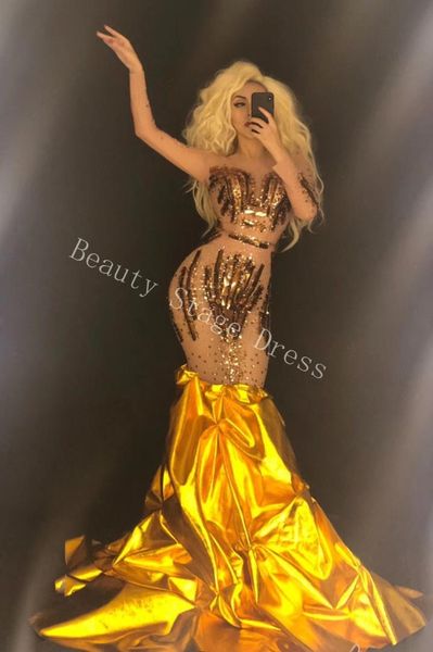 

2019 women's new gold stones sequins mesh dress birthday celebrate show outfit female singer one-piece wear long tail dress, Black;red