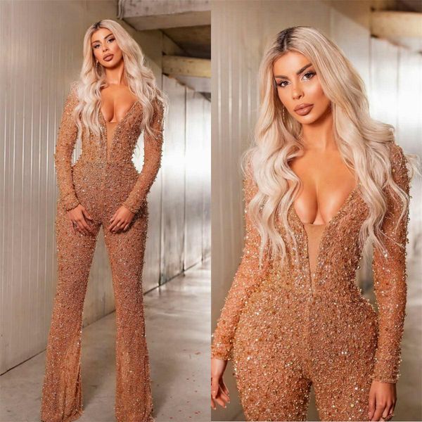 

2020 gold deep v neck jumpsuits long sleeves beaded prom dress plus size celebrity dress robes de mariÃ©e custom made evening gowns, Black