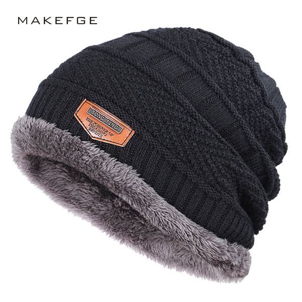 

winter new knitted men's hats plus velvet thickening outdoor warm and comfortable caps leather label skullies beanie male