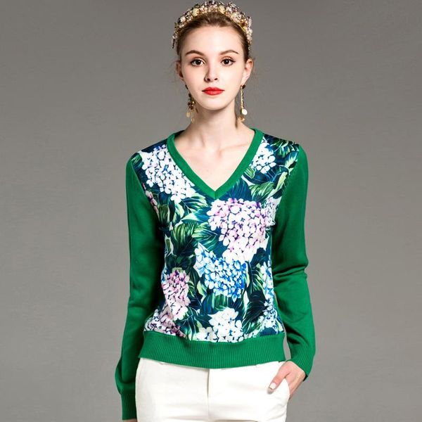 

new arrival women's v neck long sleeves floral printed knitted patchwork fashion knits& tees blouses