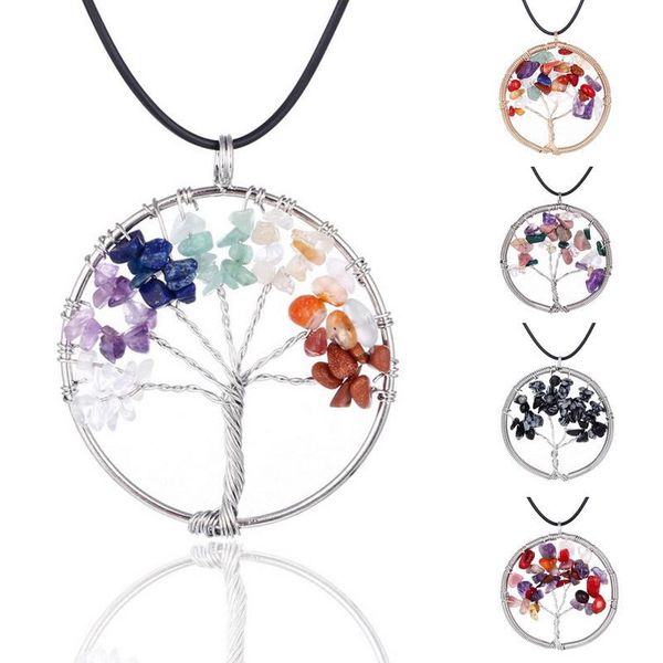 

7 chakra tree of life necklaces rainbow natural stone quartz druzy wisdom tree pendant black rope string chains for women jewelry gift, Silver