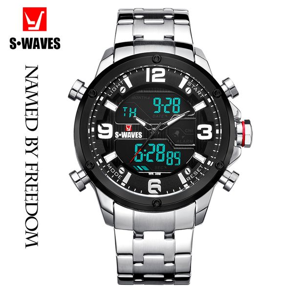 

luxuryswaves silver black men watch quartz water resistant dual display watches mens 2019 stainless steel luxury relogio masculino, Slivery;brown