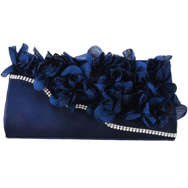 

lady satin clutch bag flower evening party wedding purse chain shoulder handbag colors:dark blue