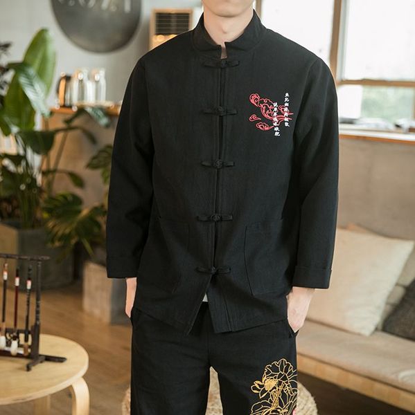 

2019 men chinese style vintage autumn print jackets mens loose streetwear jackets male clothes oversize, Black;brown