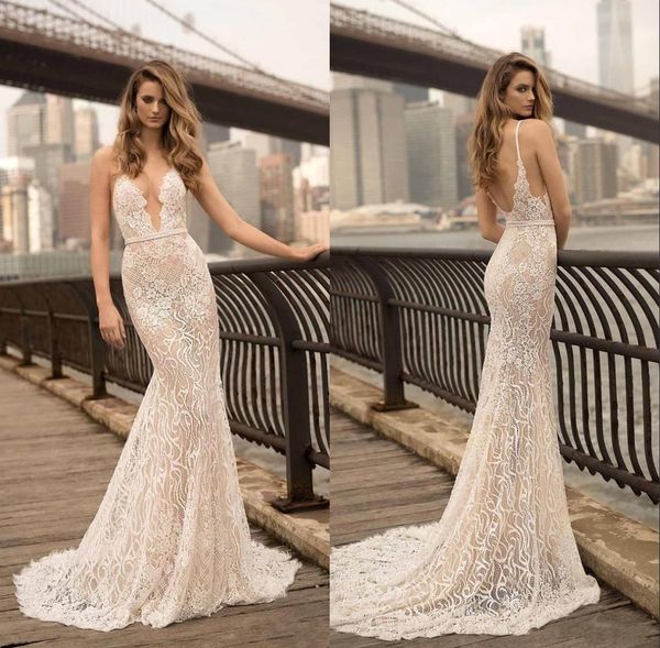 

bohemian plunging v neck mermaid wedding dresses lace appliques backless floor length bridal gown robe de mariee bc1705, White