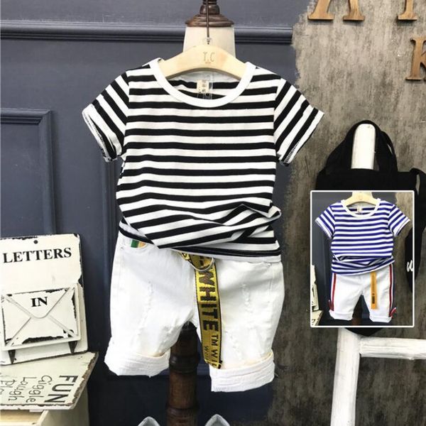 

kids toddler boy casual clothes set summer for toddler striped shirt + shorts pants outfit 2-6years(no belt, White