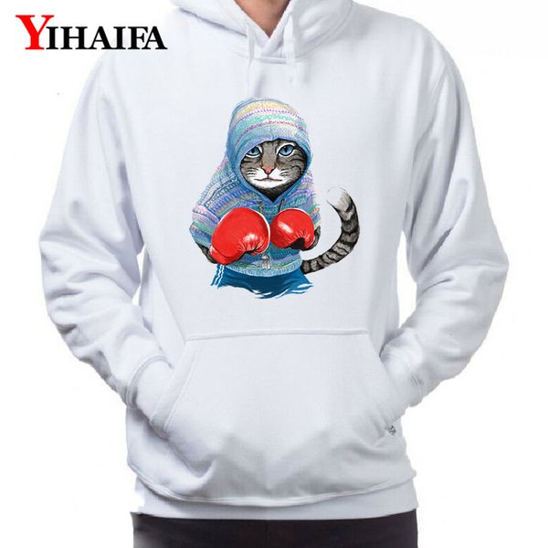 

mens 3d hoodies cat printed sweatshirts funny animal graphic streetwear fleece pullover tracksuit white hoodie pocket, Black